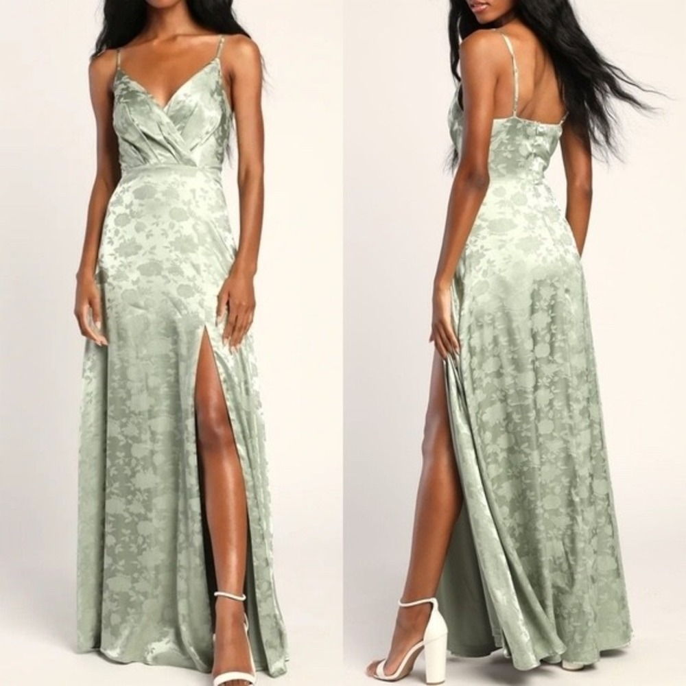 Lulu's Sage Green Floral Jacquard Maxi Dress